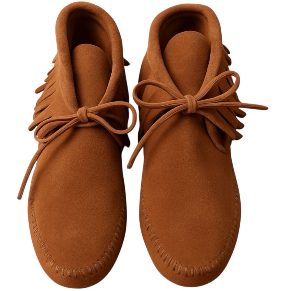 Minnetonka Chestnut Suede Fringe Moccasin Ankle Boots